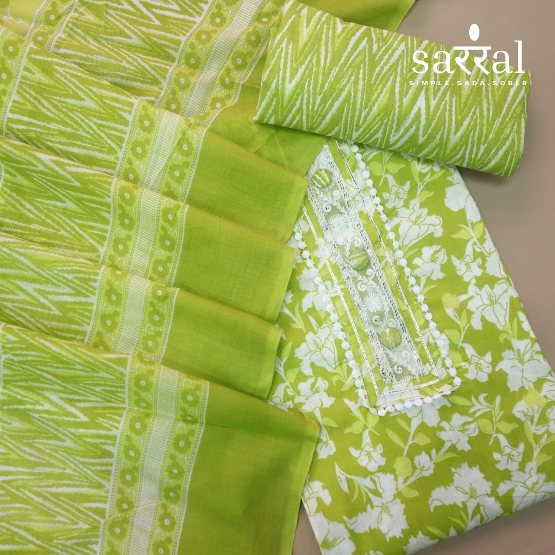 Farheen Leaf Green Lace Patch Neck with Button Work Floral Printed Cotton Set