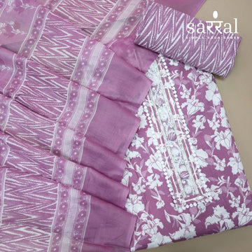 Farheen Berry Purple Lace Patch Neck with Button Work Floral Printed Cotton Set