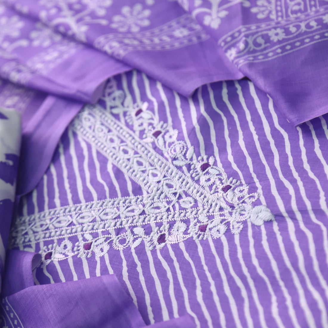 Farheen Orchid Purple V Embellished Neckline Leheriya Printed Cotton Suit Set