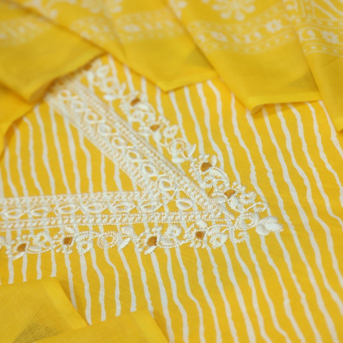 Farheen Corn Yellow V Embellished Neckline Leheriya Printed Cotton Suit Set