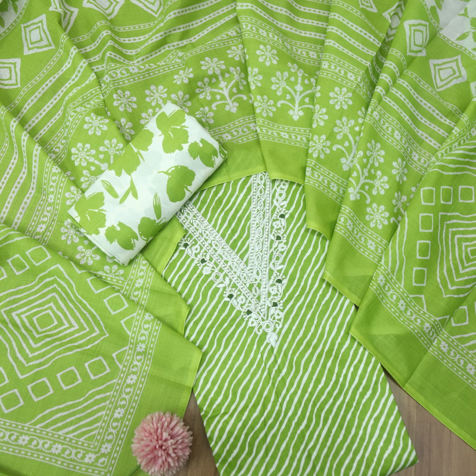 Farheen Green Apple V Embellished Neckline Leheriya Printed Cotton Suit Set