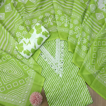 Farheen Green Apple V Embellished Neckline Leheriya Printed Cotton Suit Set