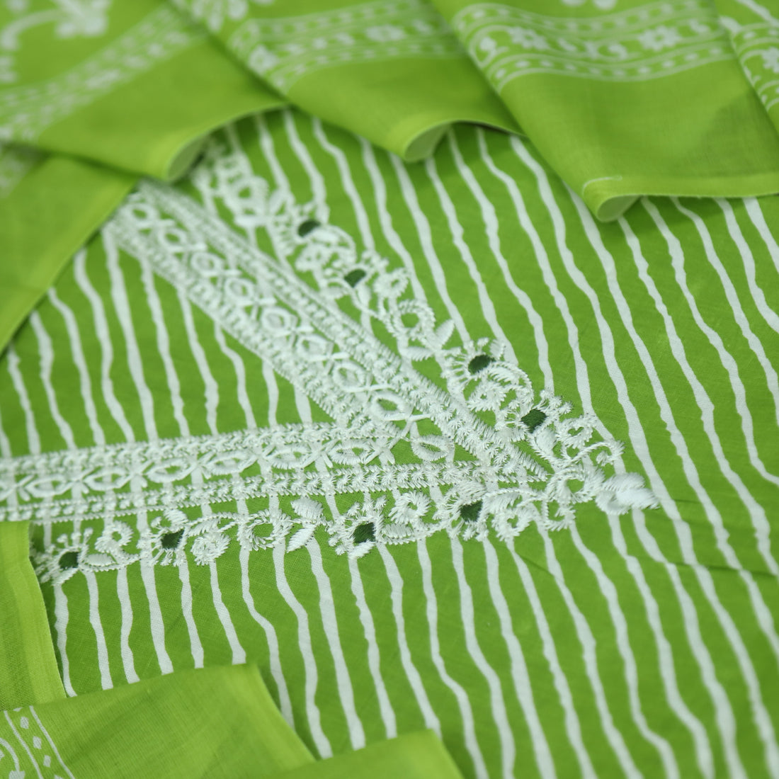 Farheen Green Apple V Embellished Neckline Leheriya Printed Cotton Suit Set