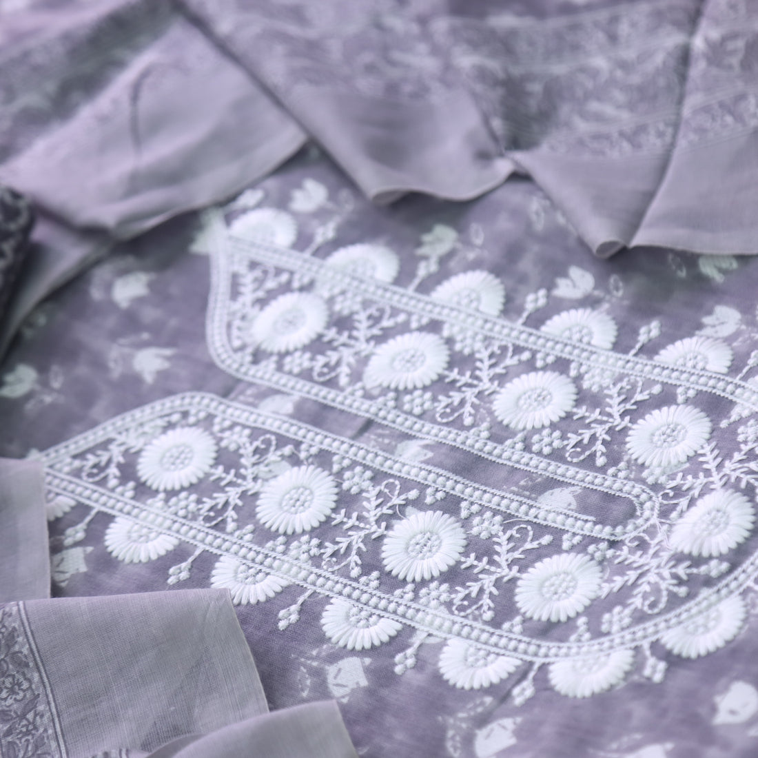 Farheen Slate Grey Thread Embroidered Neck Work Lotus Print Cotton Suit Set