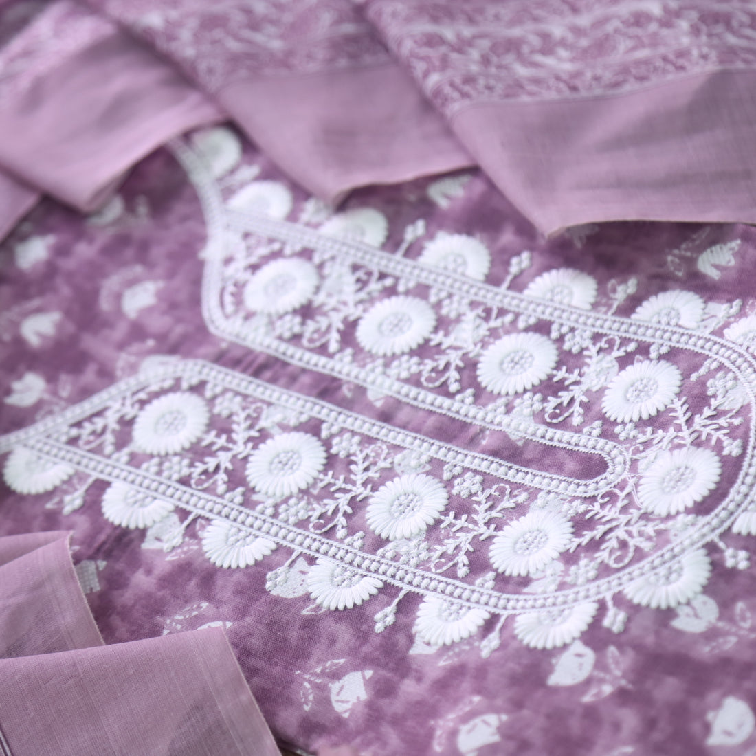 Farheen Mauve Pink Thread Embroidered Neck Work Lotus Print Cotton Suit Set