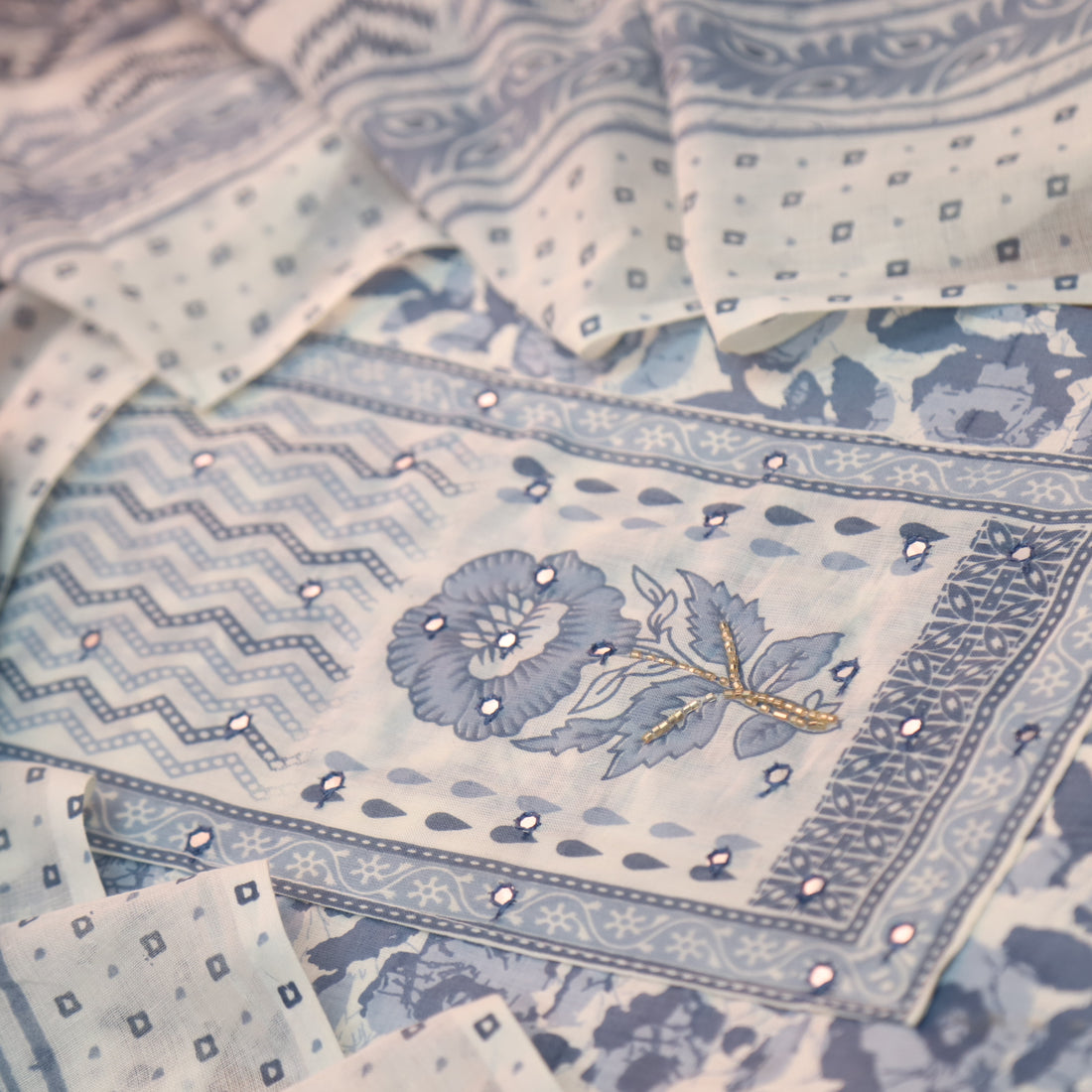 Farheen Greyish Blue Patra Detailing with Kardana Dabu Floral Printed Cotton Suit Set
