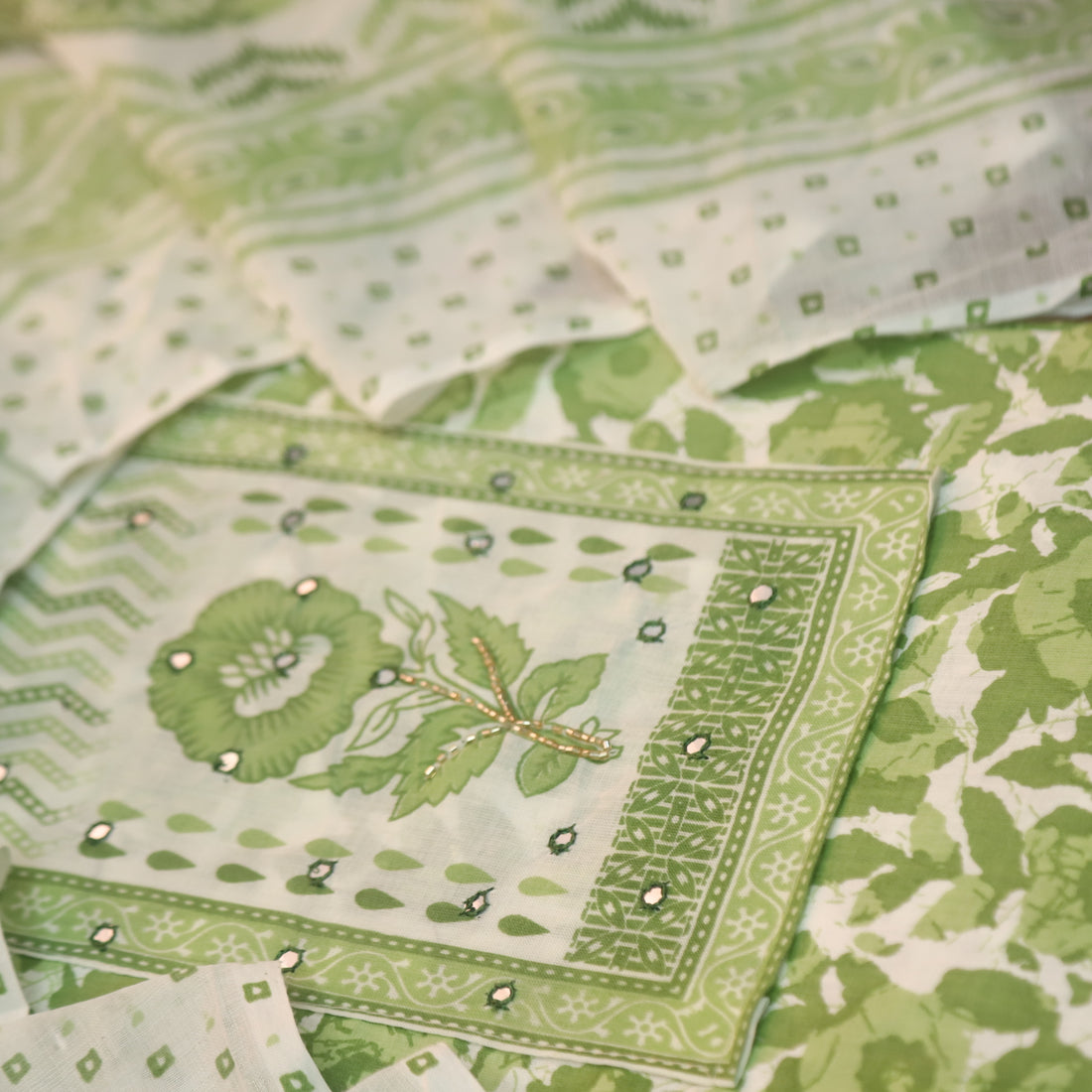 Farheen Mint Green Patra Detailing with Kardana Dabu Floral Printed Cotton Suit Set