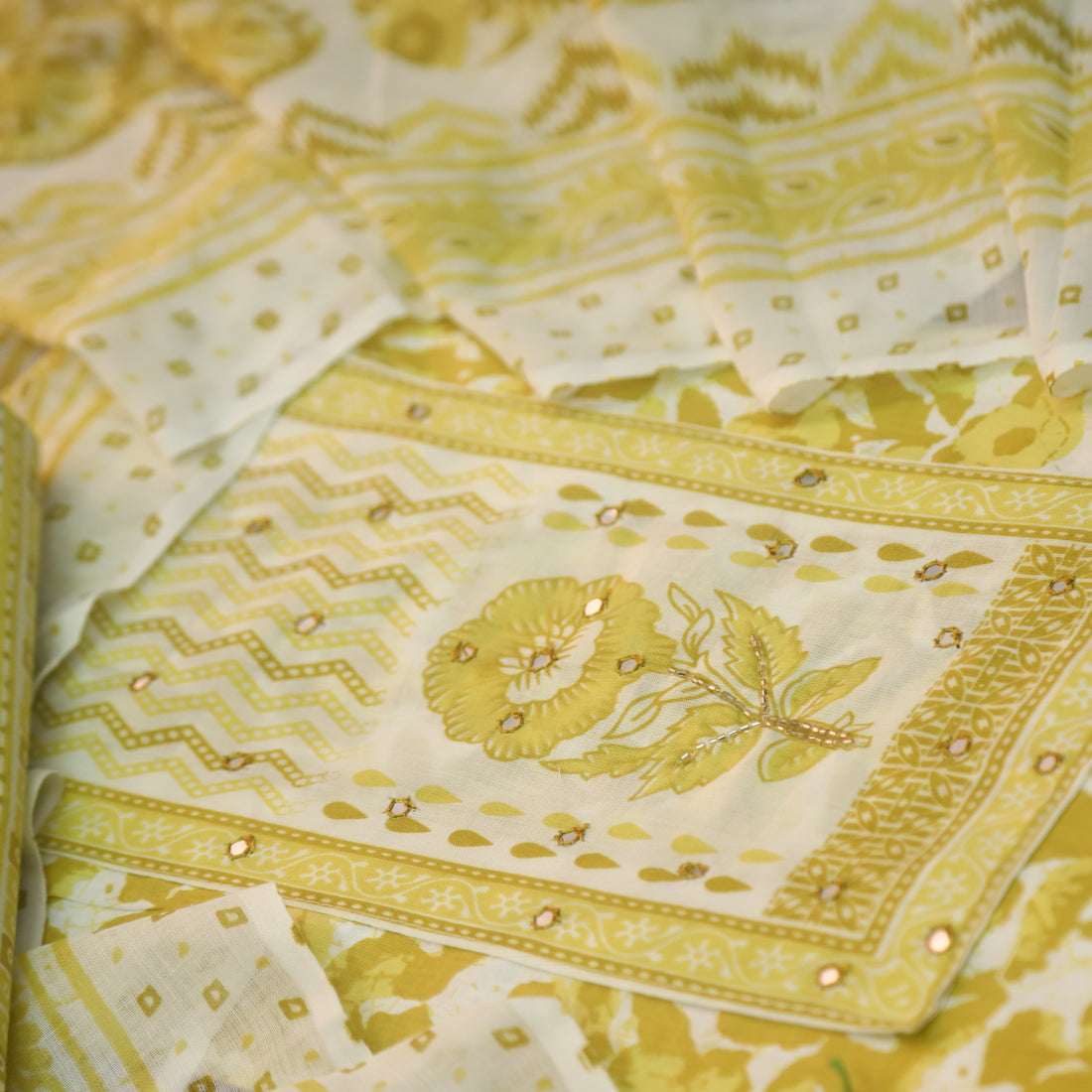 Farheen Butter Yellow Patra Detailing with Kardana Dabu Floral Printed Cotton Suit Set