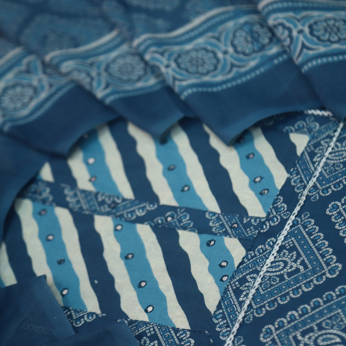 Farheen Cerulean Blue Patra Work in Leheriya Patch Bandani Print Cotton Set