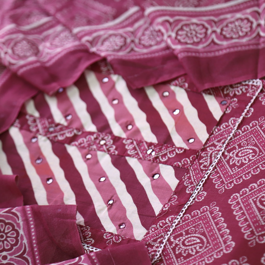 Farheen Burgundy Red Patra Work in Leheriya Patch Bandani Print Cotton Set