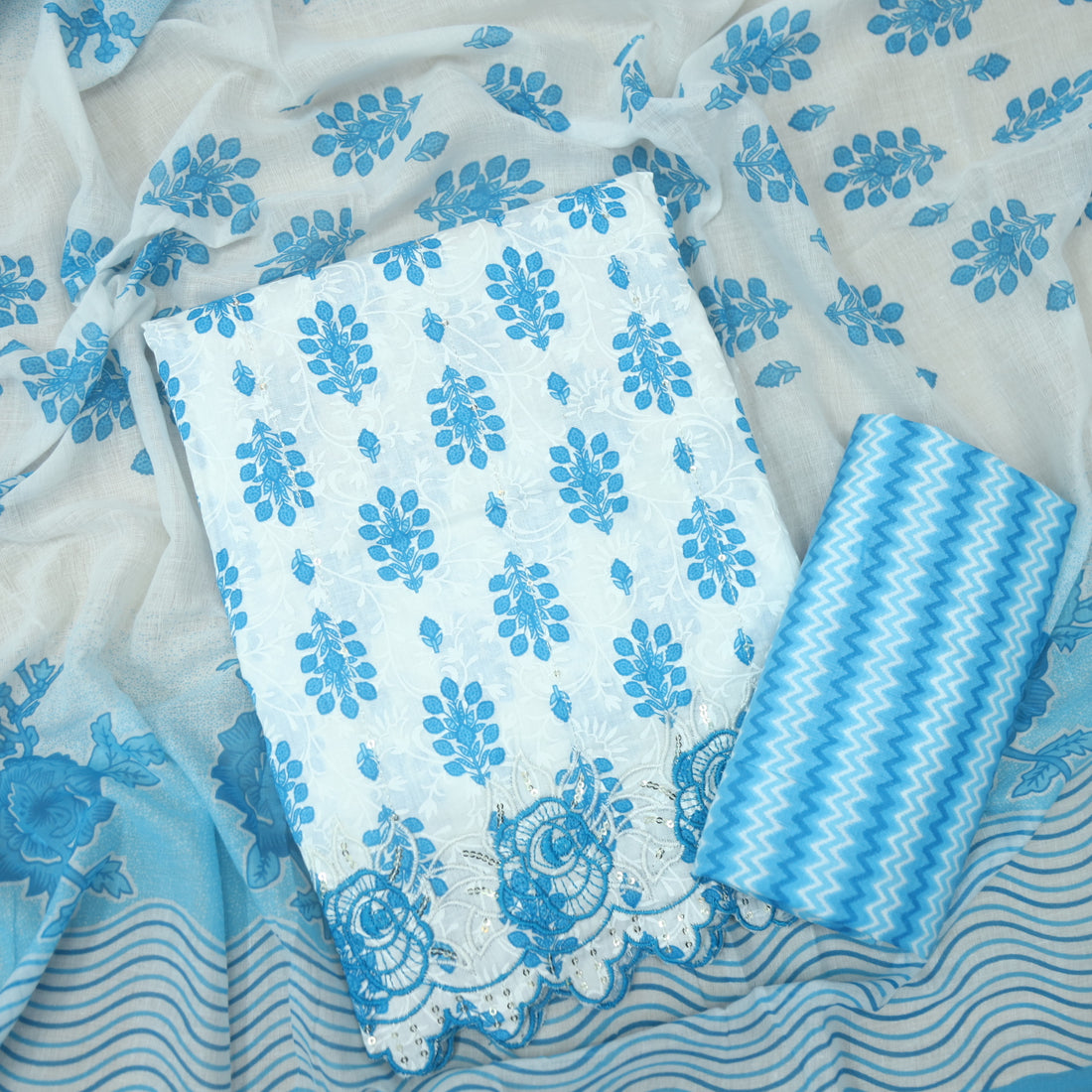 Farheen White with Blue Floral Printed with Embroidered Hem Cotton Suit Set