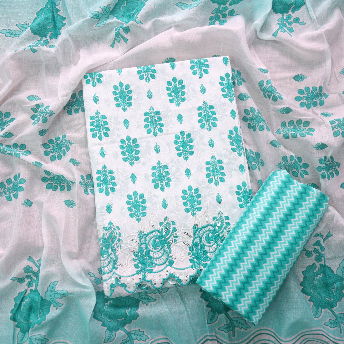 Farheen White with Teal Green Floral Printed with Embroidered Hem Cotton Suit Set