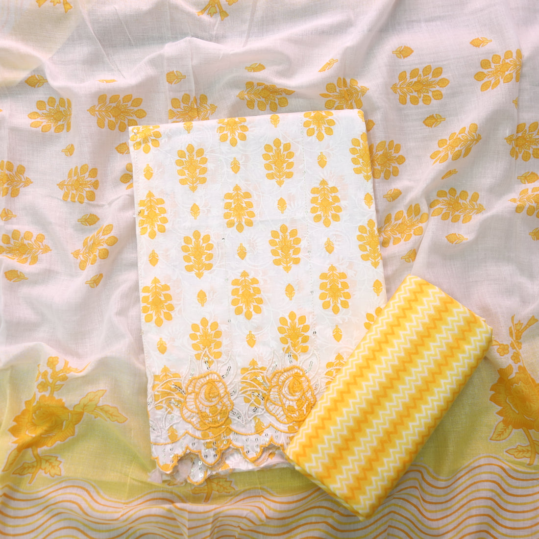 Farheen White with Yellow Floral Printed with Embroidered Hem Cotton Suit Set