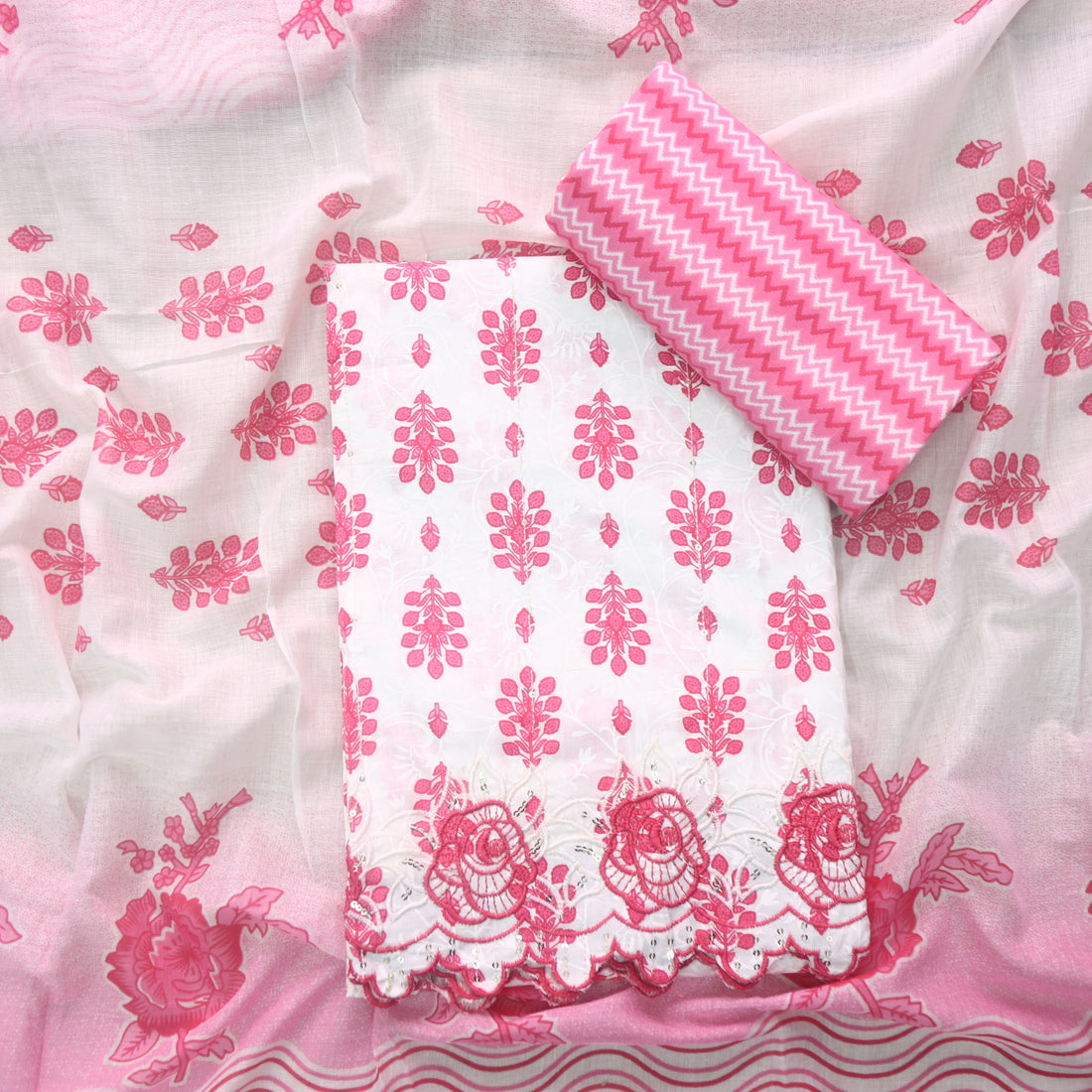 Farheen White with Pink Floral Printed with Embroidered Hem Cotton Suit Set