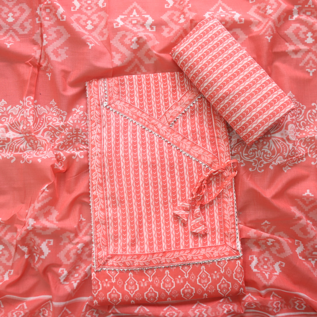 Farheen Coral Orange Digital Printed In Angrakha Style Neck Cotton Suit Set