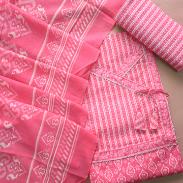 Farheen Candy Pink Digital Printed iN Angrakha Style Neck Cotton Suit Set