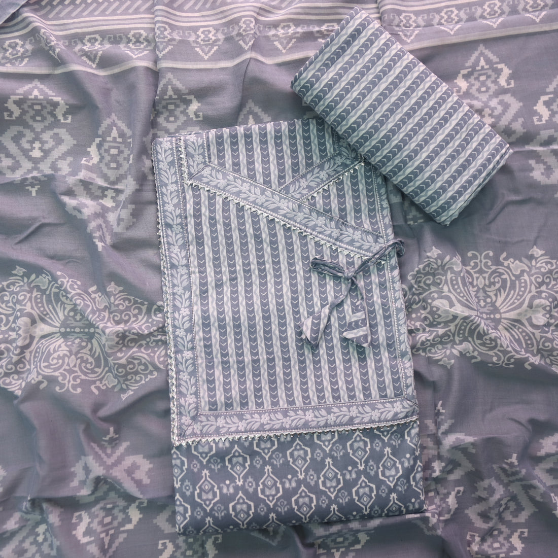 Farheen Fossil Grey Digital Printed iN Angrakha Style Neck Cotton Suit Set