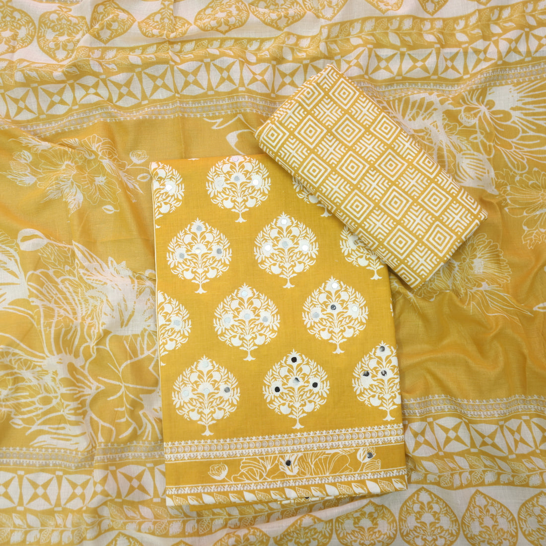 Farheen Custard Yellow Floral Printed with Mirror Work Cotton Suit Set
