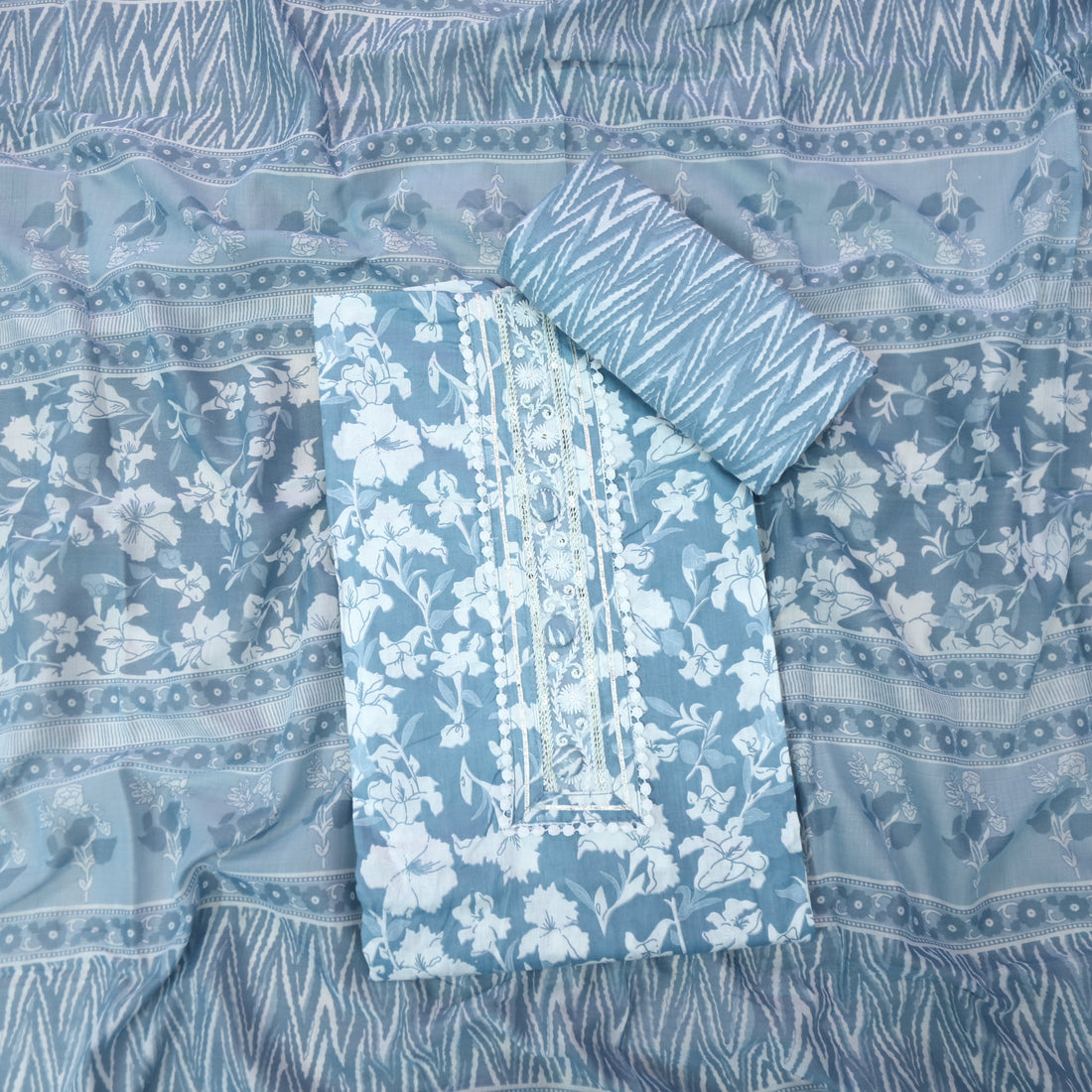 Farheen Slate Grey Lace Patch Neck with Button Work Floral Printed Cotton Set