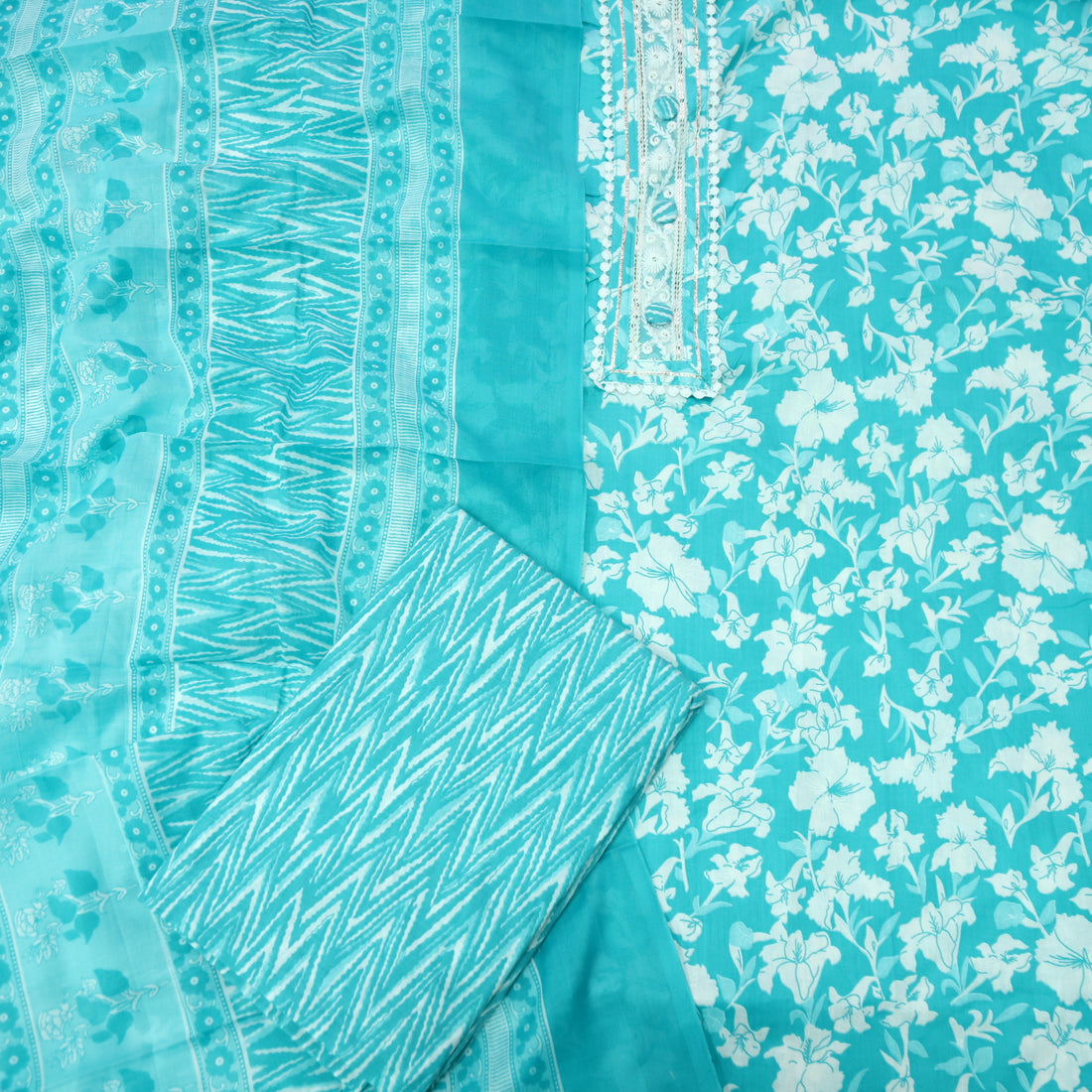 Farheen Aqua Blue Lace Patch Neck with Button Work Floral Printed Cotton Set