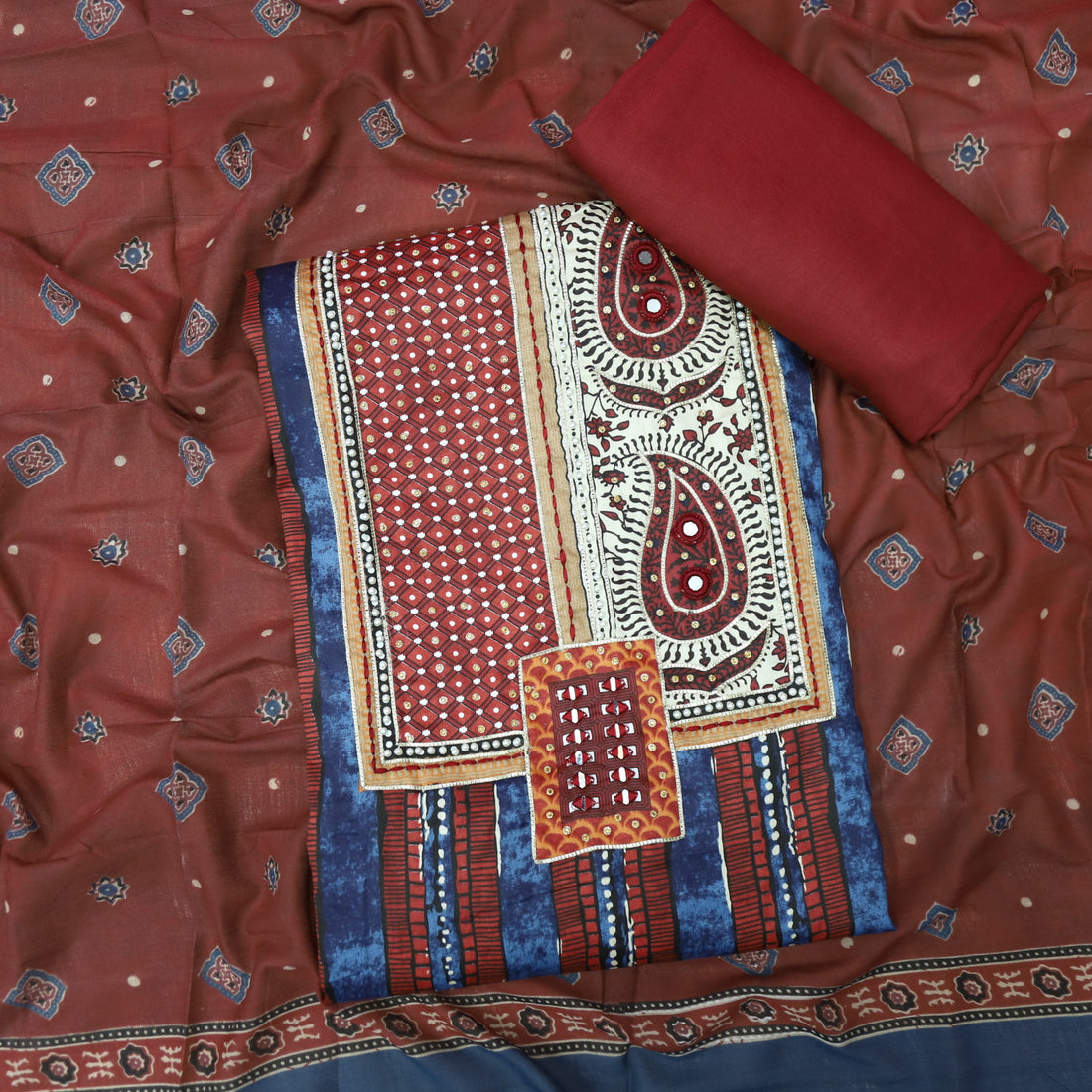 Adaa Maroon Red Embellished Neckline in Printed Cotton Suit Set