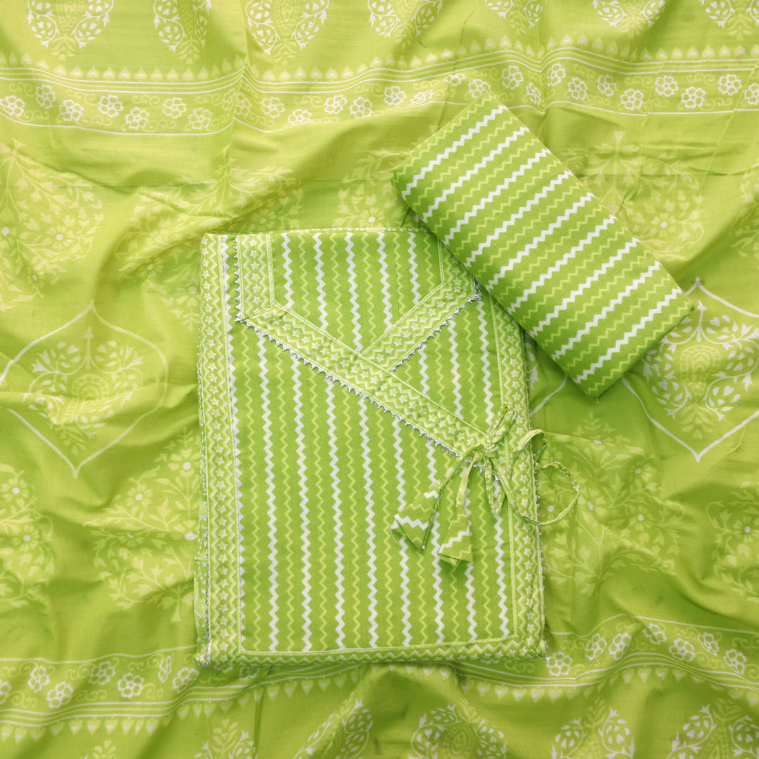 Farheen Parrot Green Digital Printed In Angrakha Style Neck Cotton Suit Set