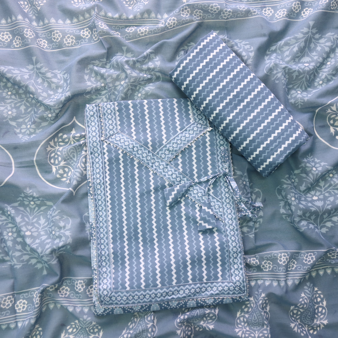 Farheen Fossil Grey Digital Printed In Angrakha Style Neck Cotton Suit Set