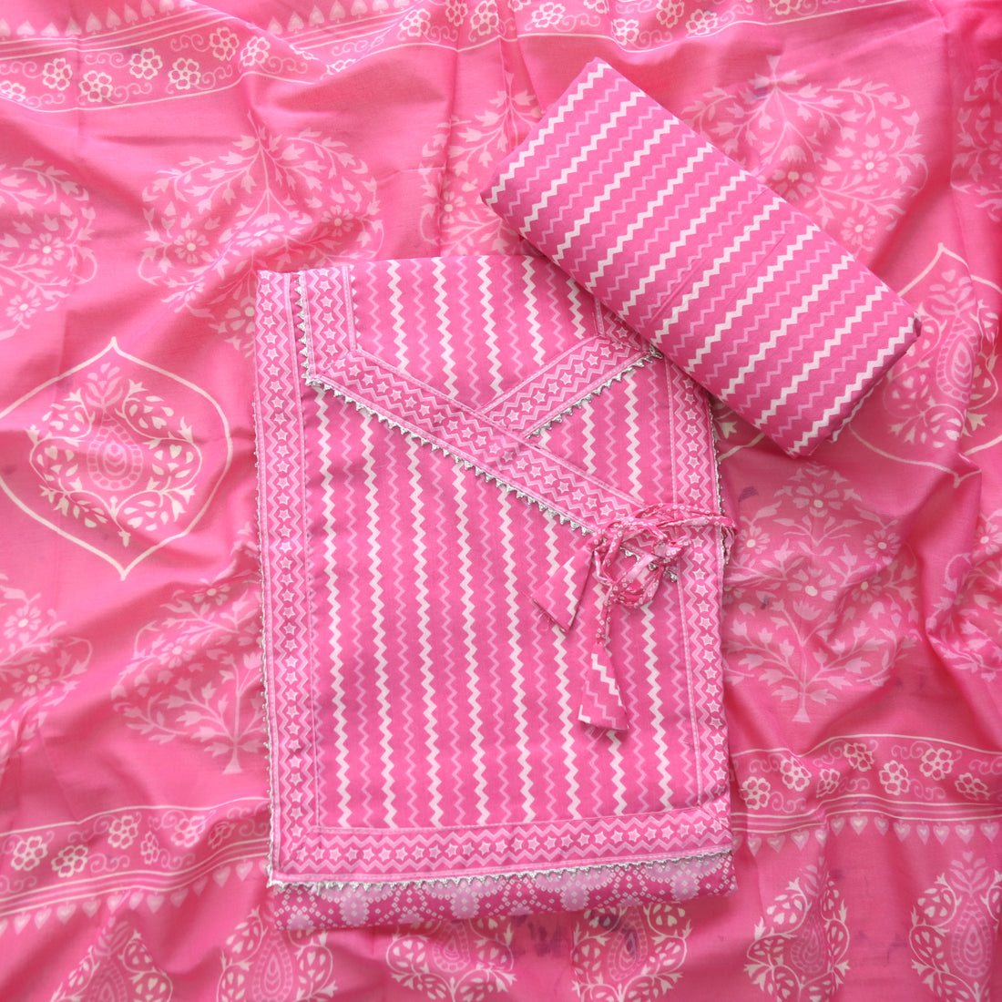 Farheen Bubblegum Pink Digital Printed In Angrakha Style Neck Cotton Suit Set