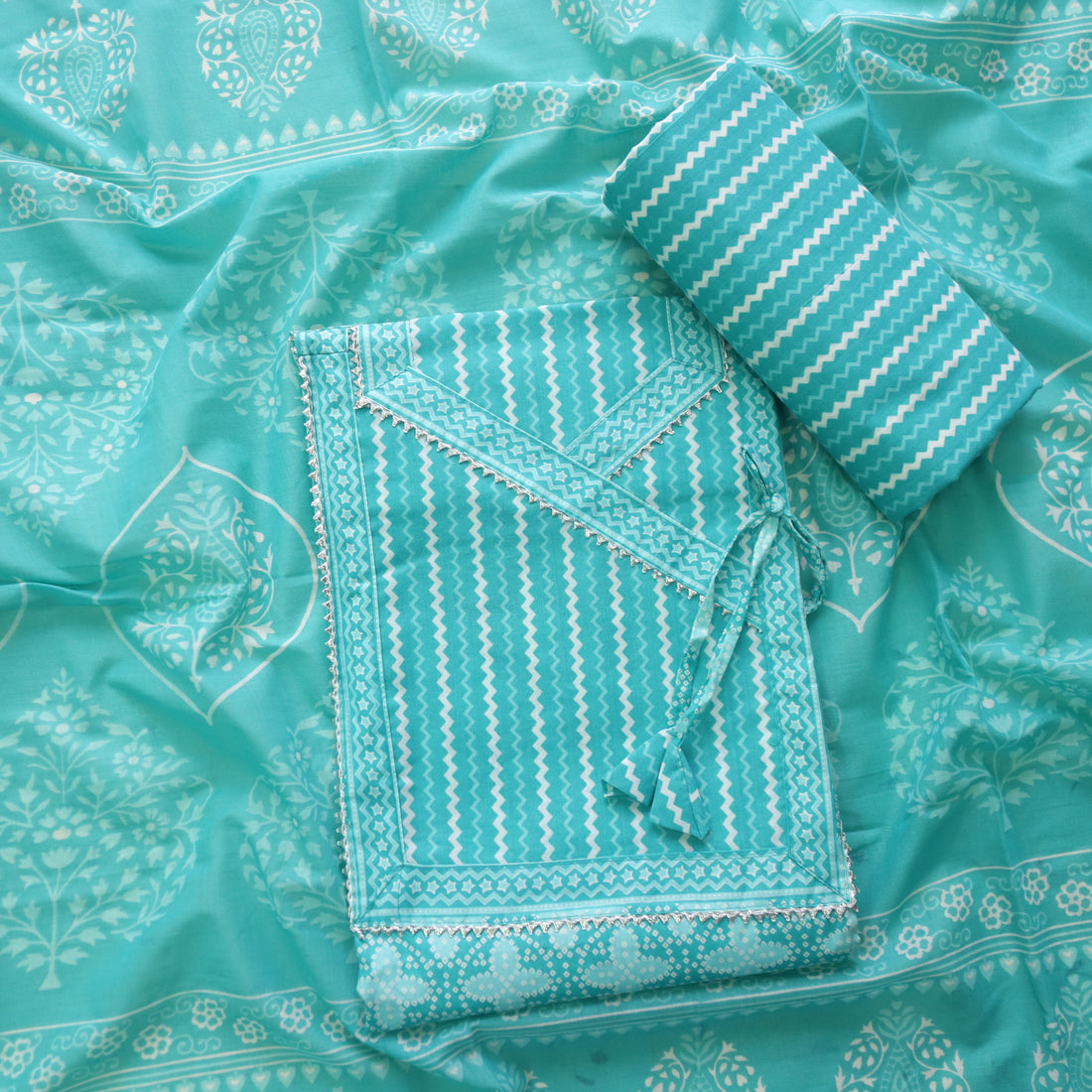 Farheen Aqua Teal Digital Printed In Angrakha Style Neck Cotton Suit Set