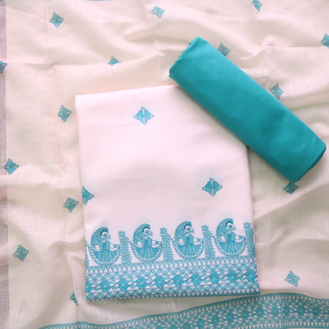 Madhubala Beige with Teal Madhubani Printed Cotton Linen Suit Set