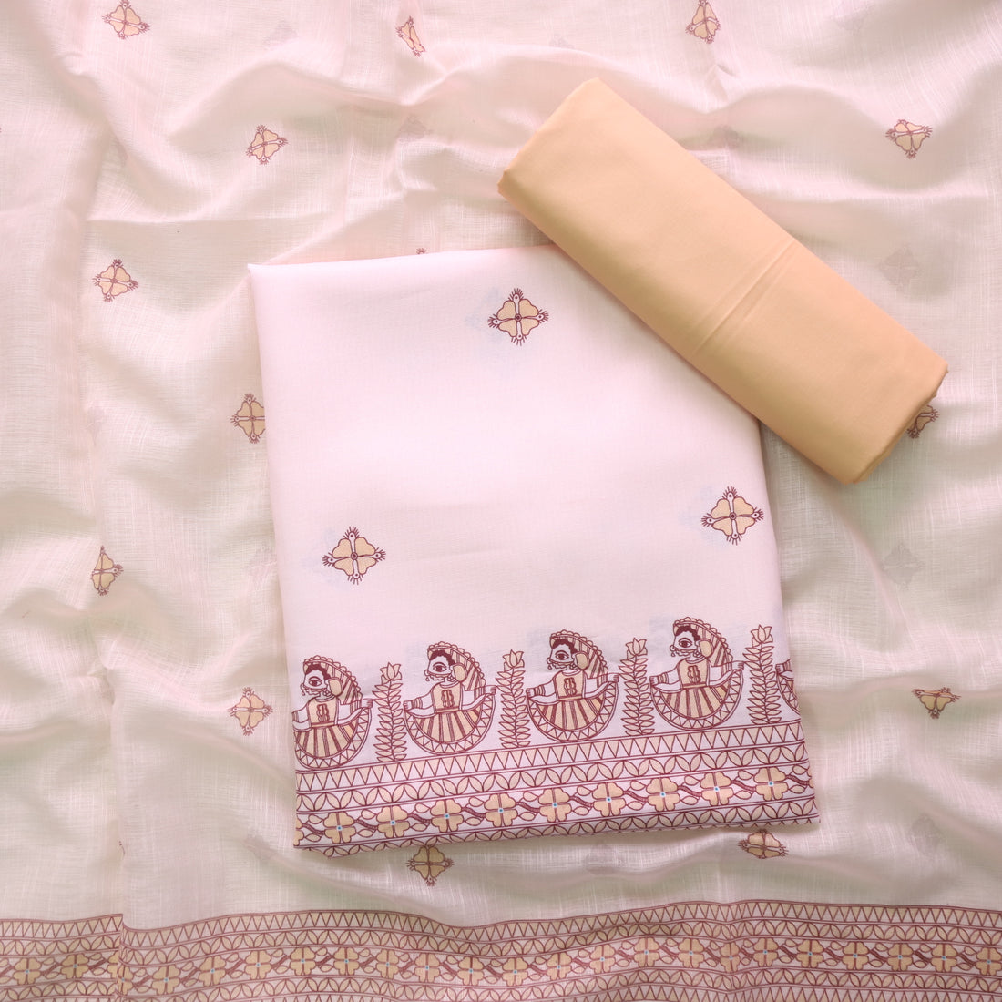 Madhubala Beige with Coffee Brown Madhubani Printed Cotton Linen Suit Set