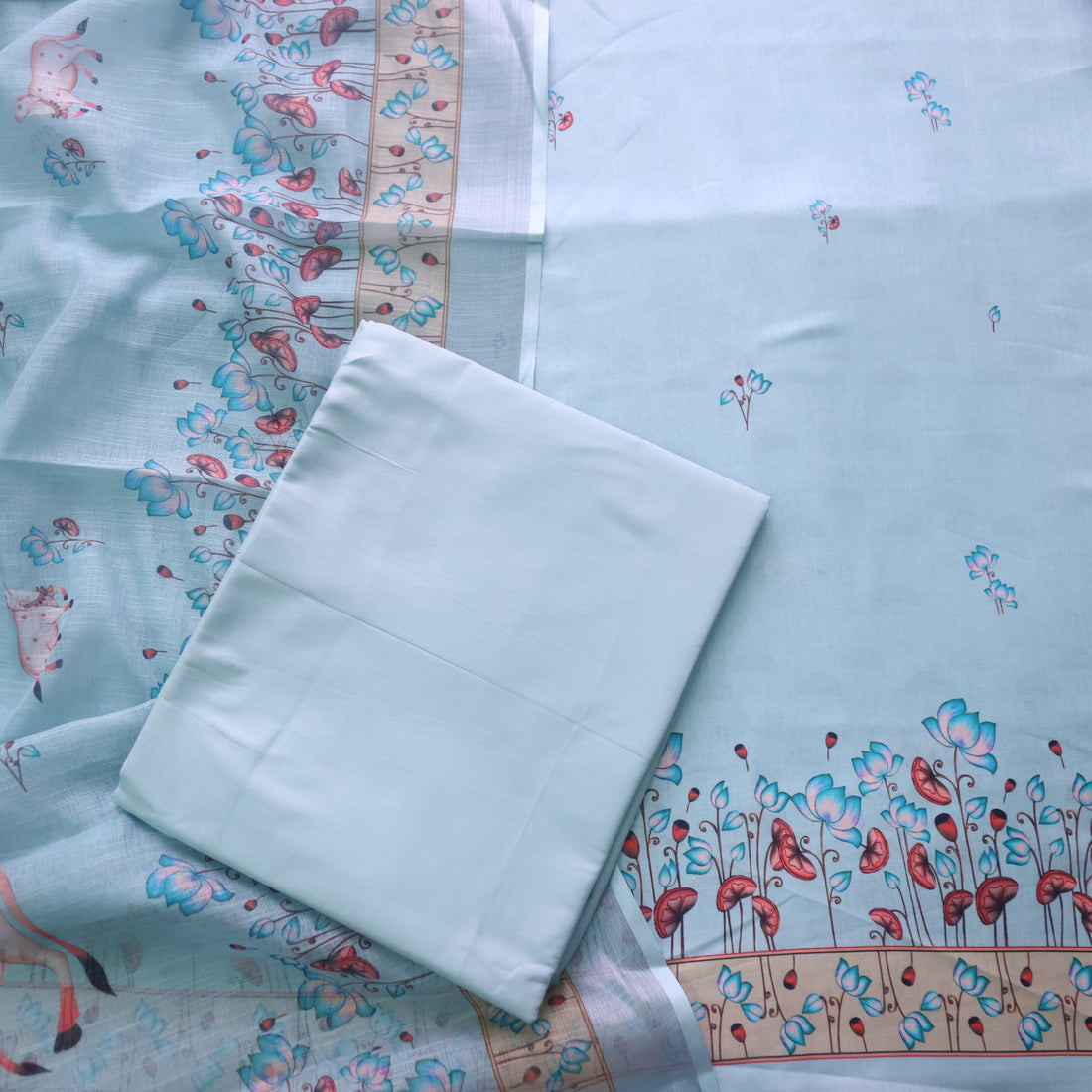 Madhubala Powder Blue in Pichwai Printed Cotton Linen Suit Set