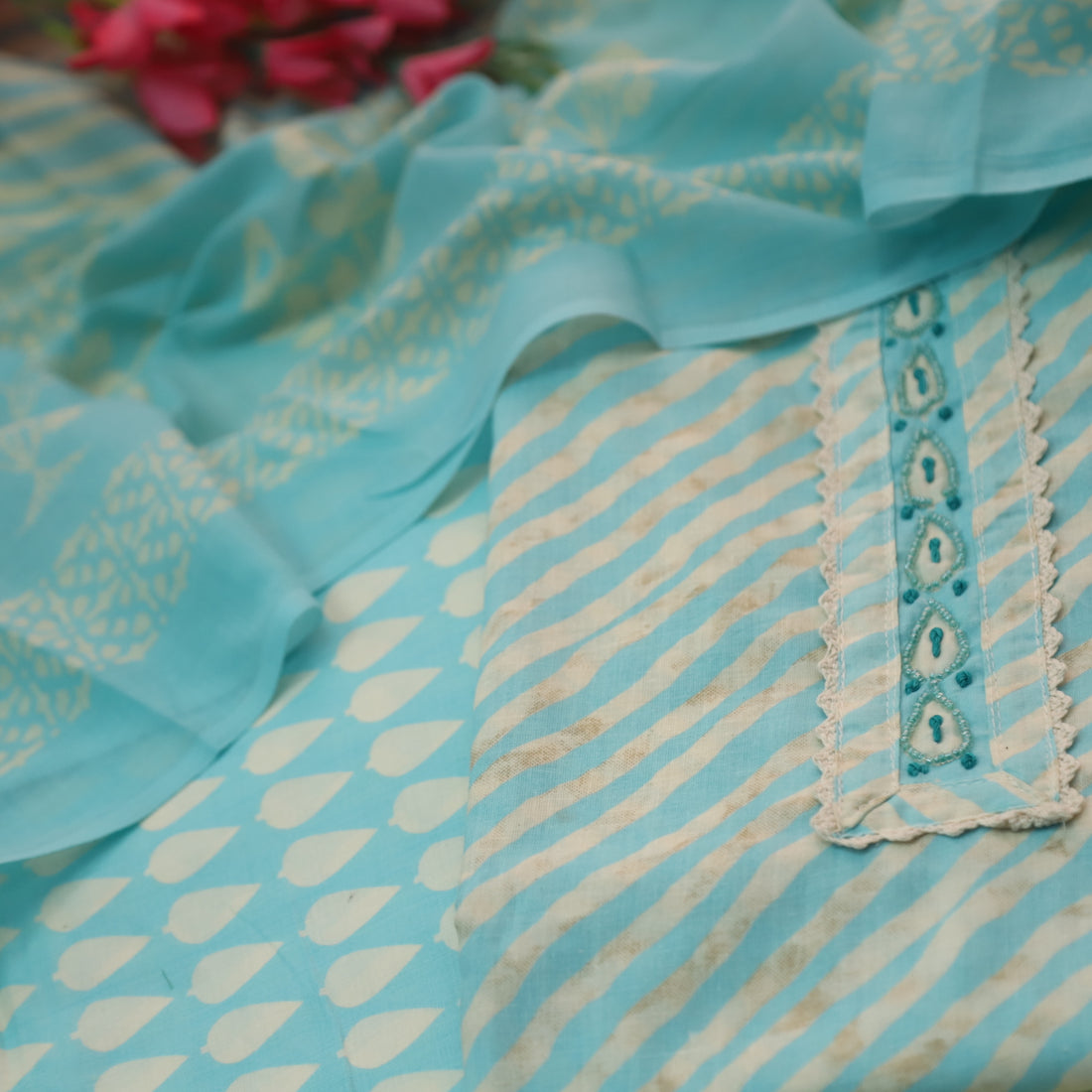 Farheen Sky Blue Moti Work Neck Patch in Leheriya Printed Cotton Suit Set
