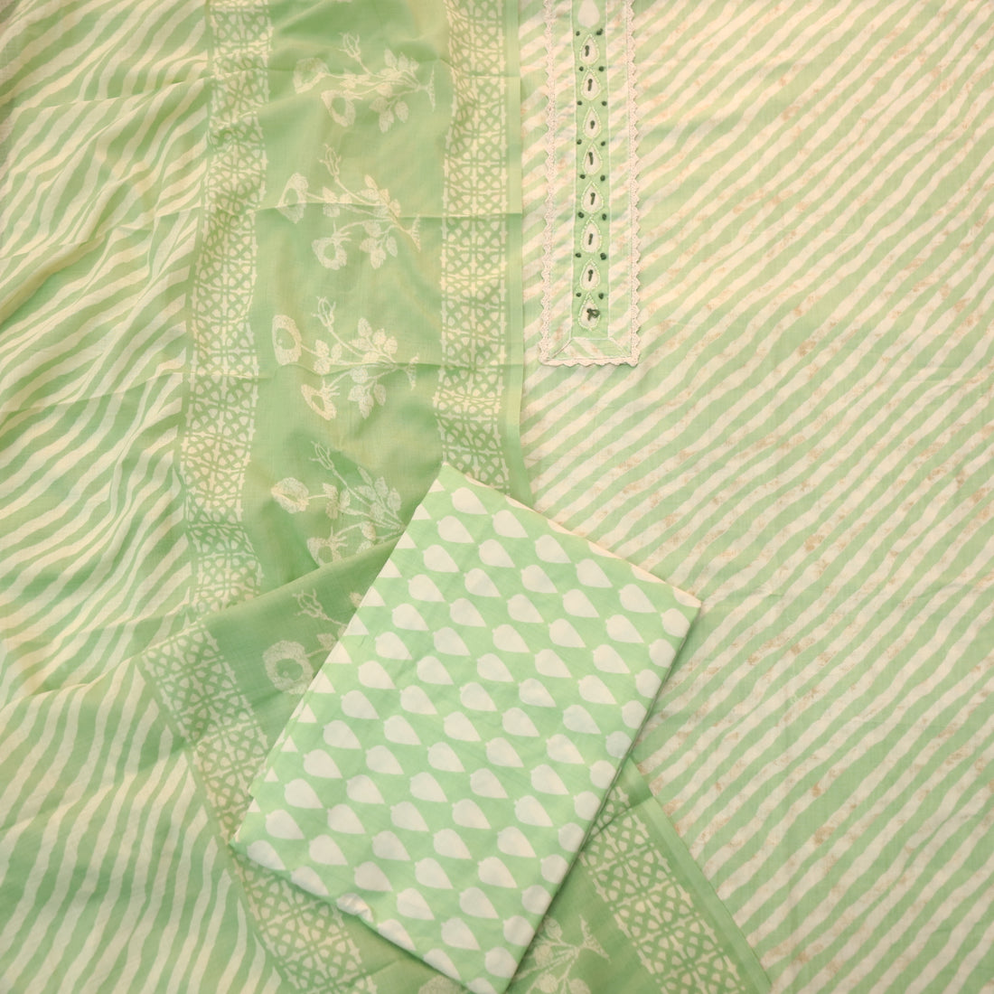 Farheen Pastel Green Moti Work Neck Patch in Leheriya Printed Cotton Suit Set