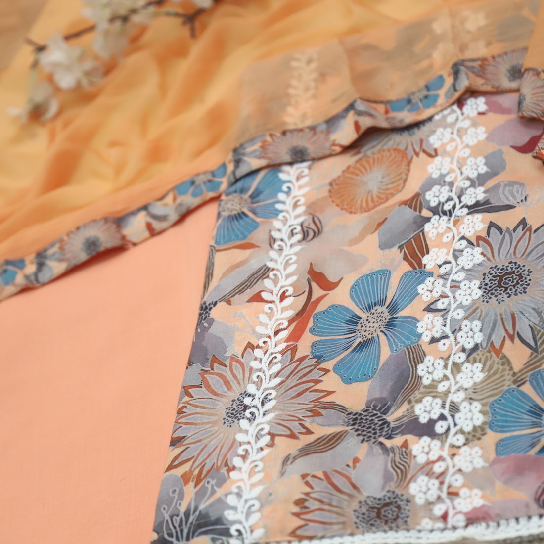 Madhubala Soft Peachy Thread Embroidered Work Cotton Suit Set
