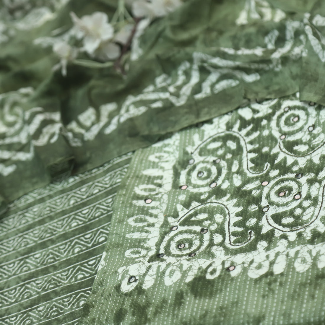 Farheen Mehndi Green Patra Detailing in Dabu Floral Printed Cotton Suit Set