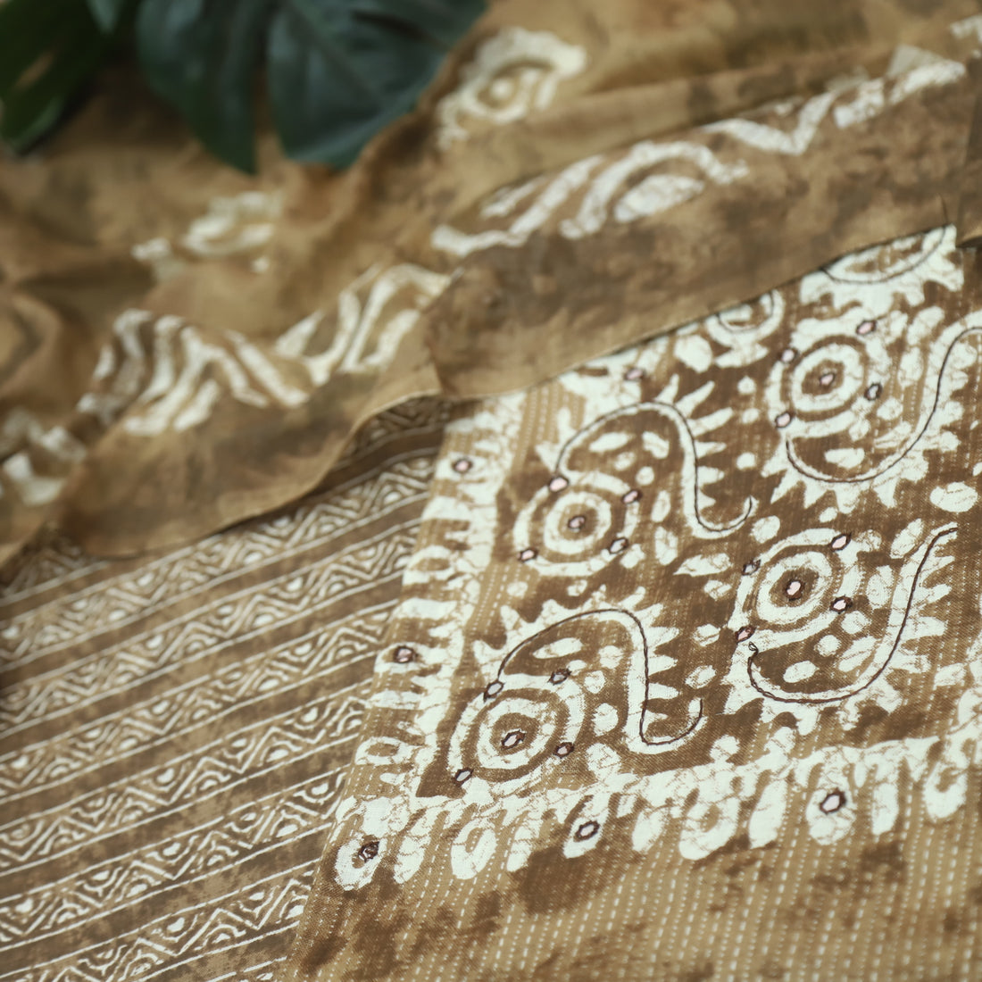 Farheen Coffee Brown Patra Detailing in Dabu Floral Printed Cotton Suit Set