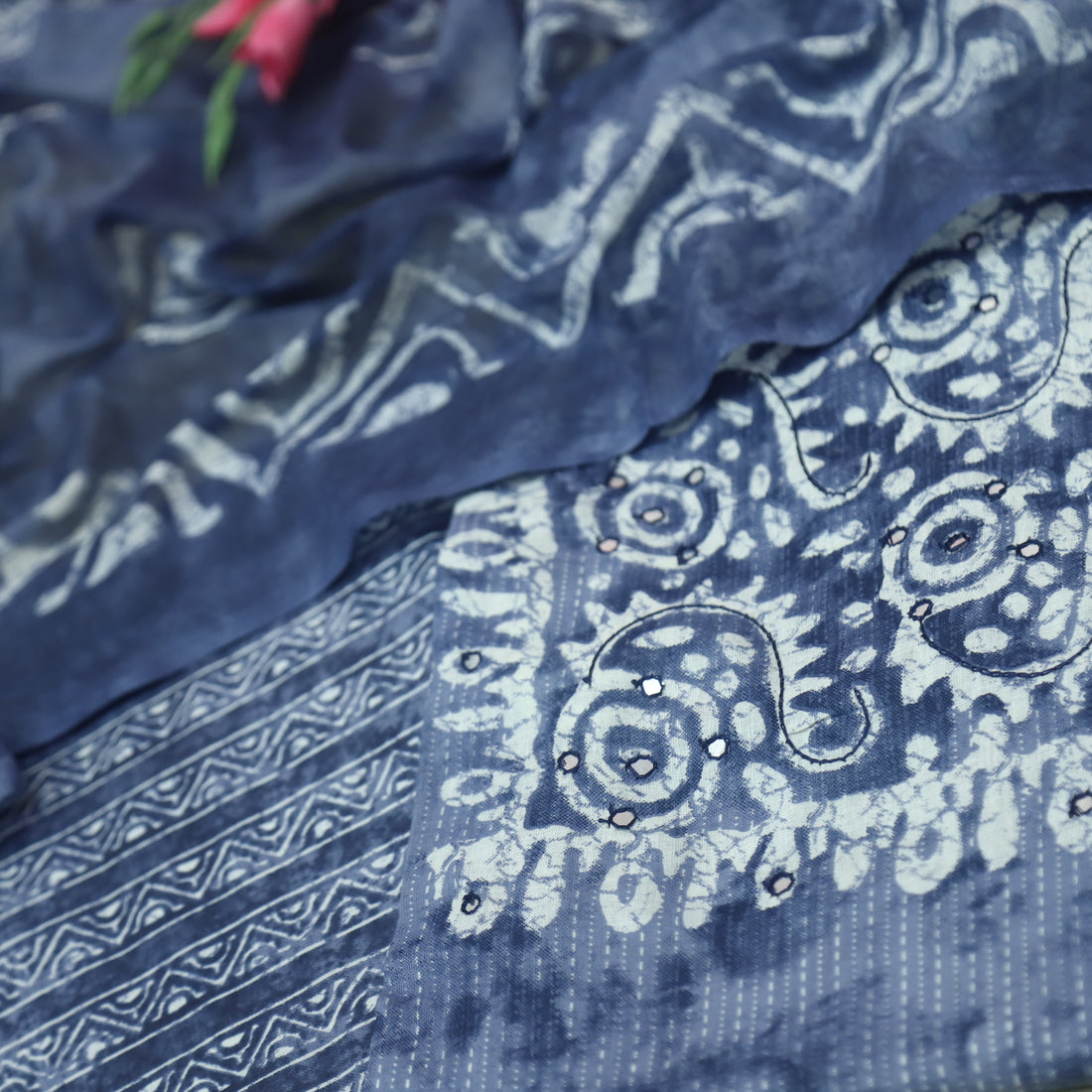 Farheen Denim Blue Patra Detailing in Dabu Floral Printed Cotton Suit Set