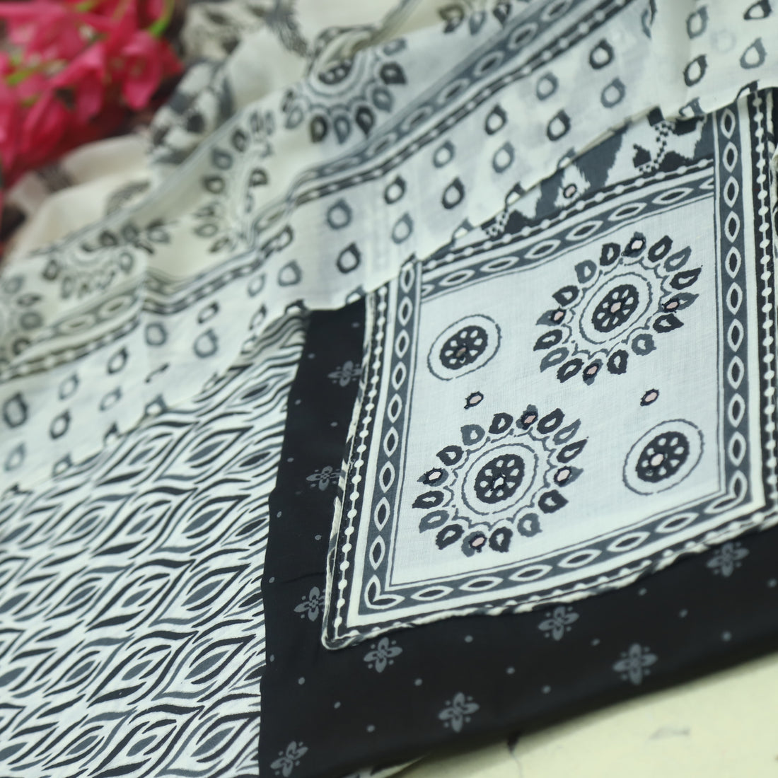 Farheen Ebony Black Patra Detailing Patch Work in Printed Cotton Suit Set