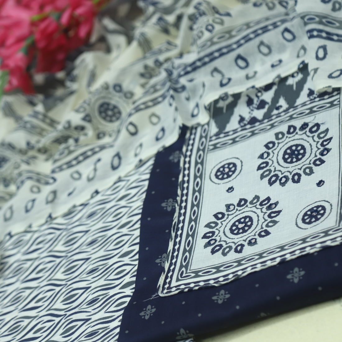 Farheen Midnight Blue Patra Detailing Patch Work in Printed Cotton Suit Set