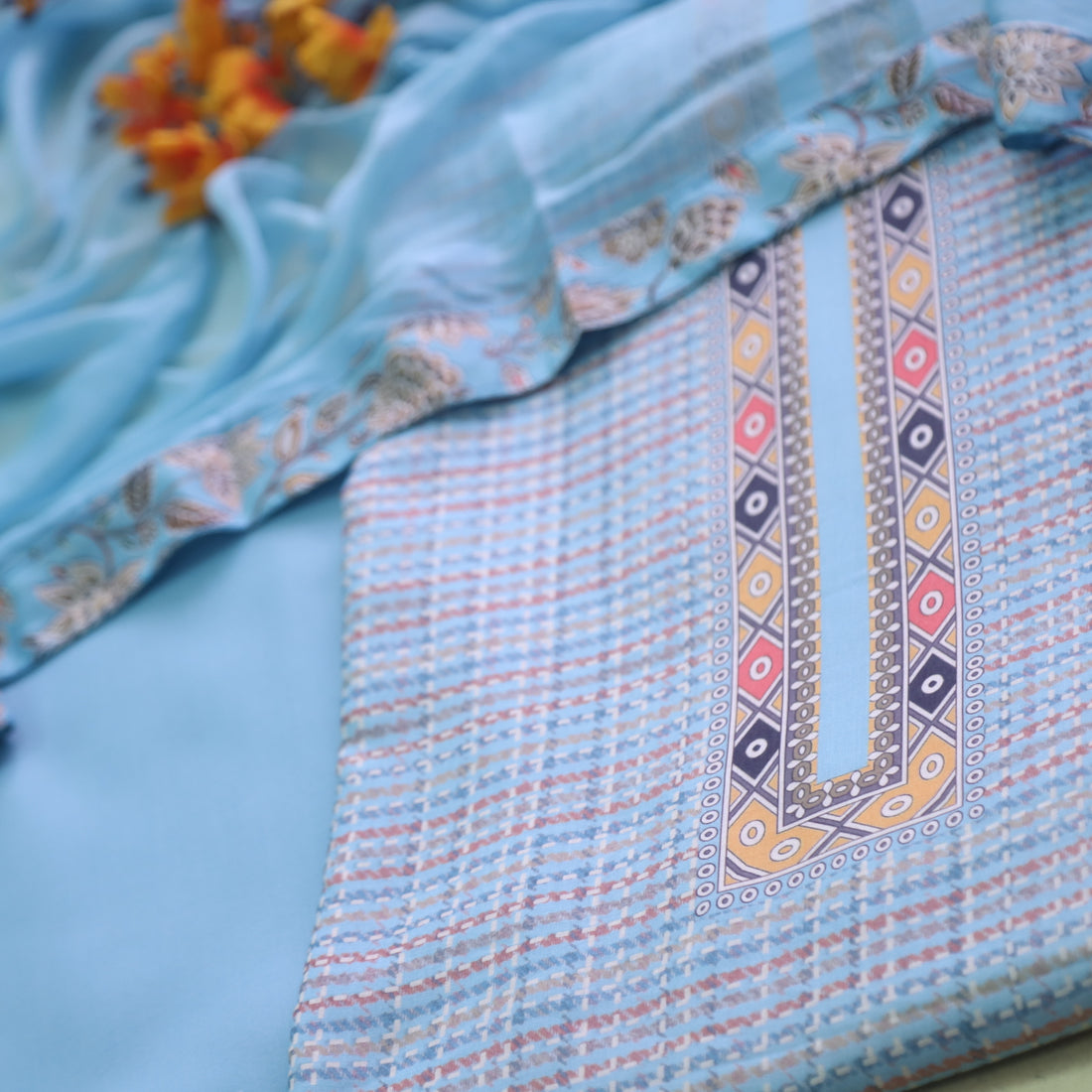 Madhubala Powder Blue All Over Check Printed Work Cotton Suit Set
