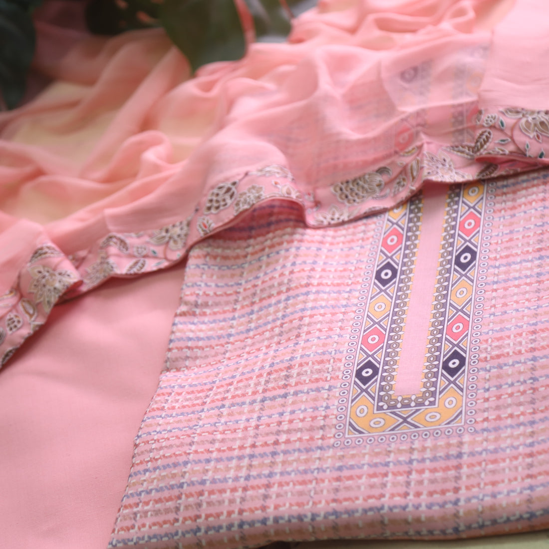 Madhubala Frosty Pink All Over Check Printed Work Cotton Suit Set