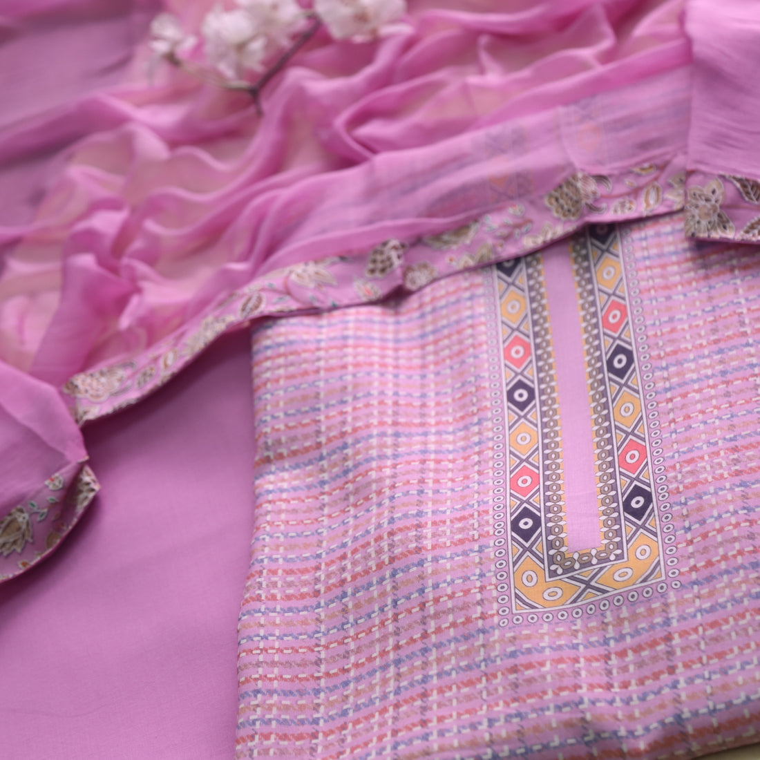 Madhubala Lilly lilac All Over Check Printed Work Cotton Suit Set