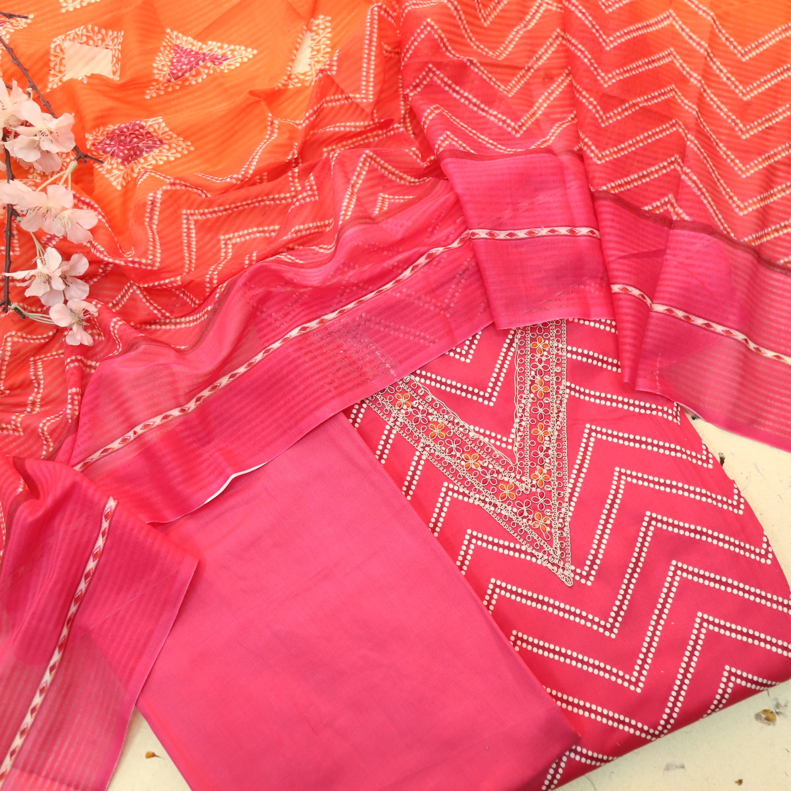 Adaa Gulal Pink V Embellish Neck Leheriya Print Cotton Suit Set