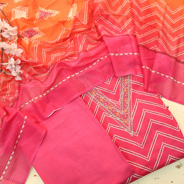 Adaa Gulal Pink V Embellish Neck Leheriya Print Cotton Suit Set