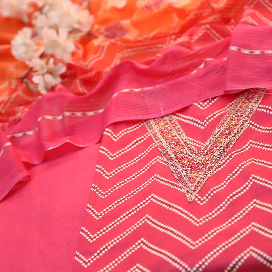 Adaa Gulal Pink V Embellish Neck Leheriya Print Cotton Suit Set