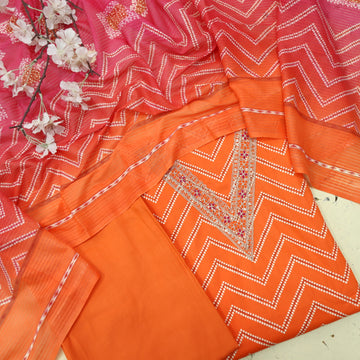 Adaa Bright Orange V Embellish Neck Leheriya Print Cotton Suit Set