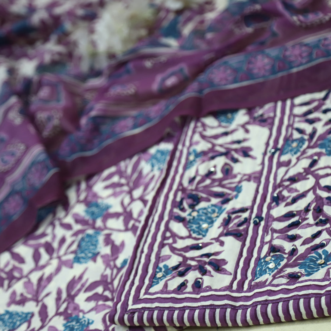 Farheen Berry Purple Kantha Work with Floral Patch Stripe Print Cotton Suit Set