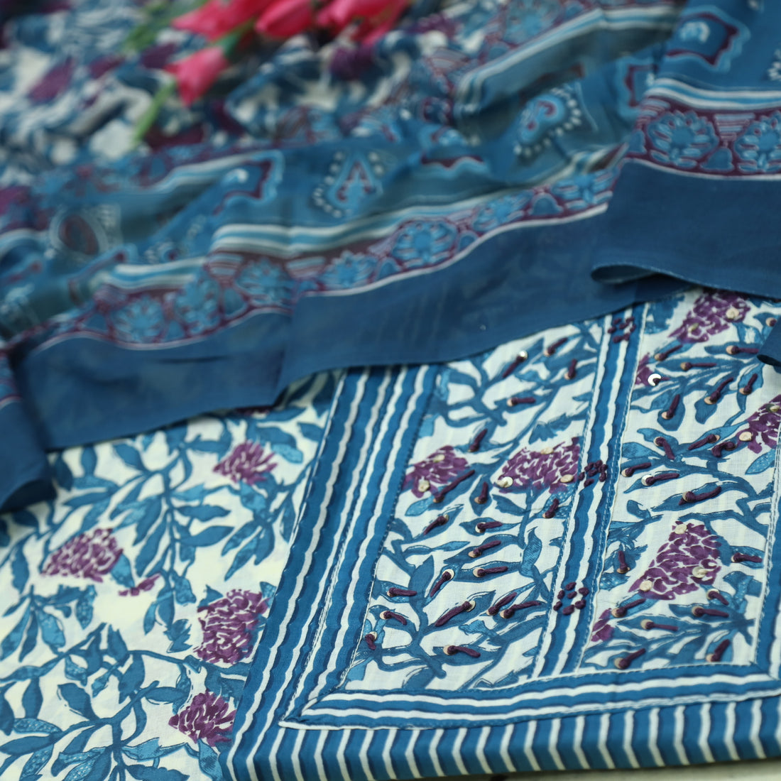 Farheen Neel Blue Kantha Work with Floral Patch Stripe Print Cotton Suit Set