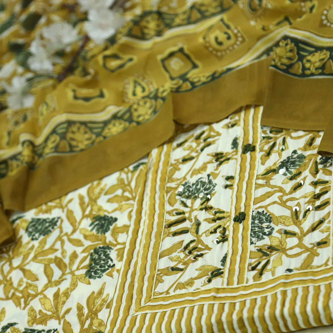 Farheen Peanut Yellow Kantha Work with Floral Patch Stripe Print Cotton Suit Set